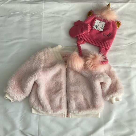 Cat & Jack Soft Pink Coat w/ Unicorn Hat  Set Bundle - Picture 1 of 6